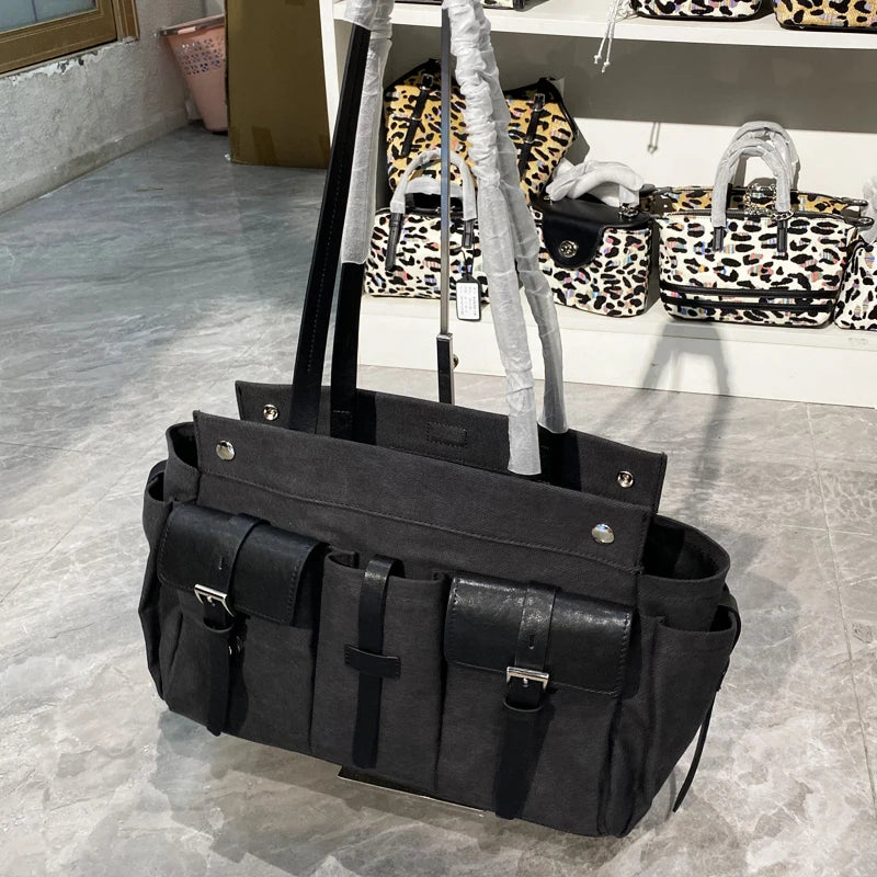 sac main femme toile vintage vert olive marron poches poignet fermé loquet polyvalent durable