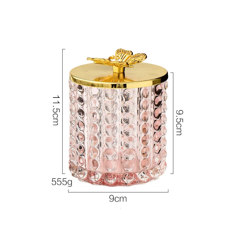 bougie élégante verre transparent perlée dorée papillon vert rose