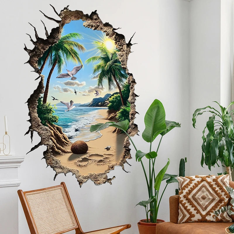autocollants murals paysage marin palmiers oiseaux plage coquille sable ciel réaliste 3d deux pièces