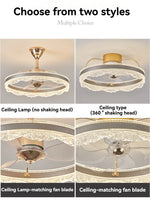 ventilateur moderne doré lampe led tri couleur télécommande blanc translucide strass élégant fixation