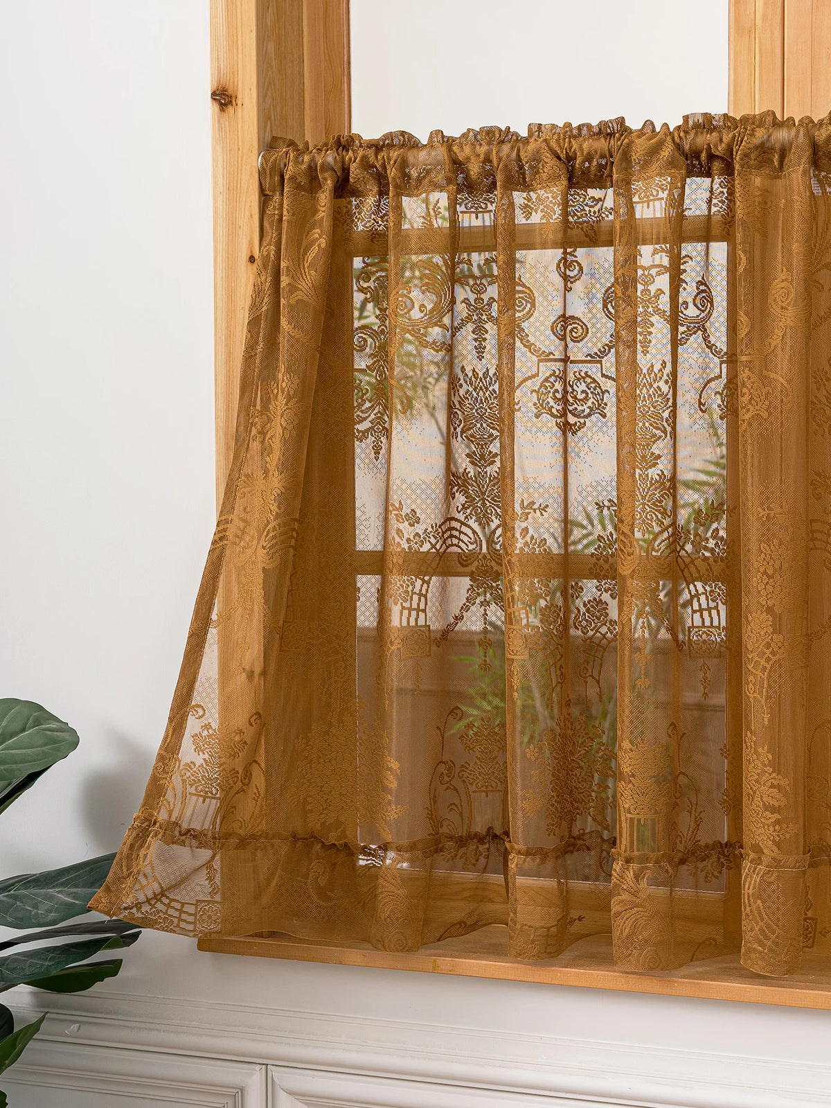 rideau semi transparent brodé floral or beige classique cuisine salle bain polyester