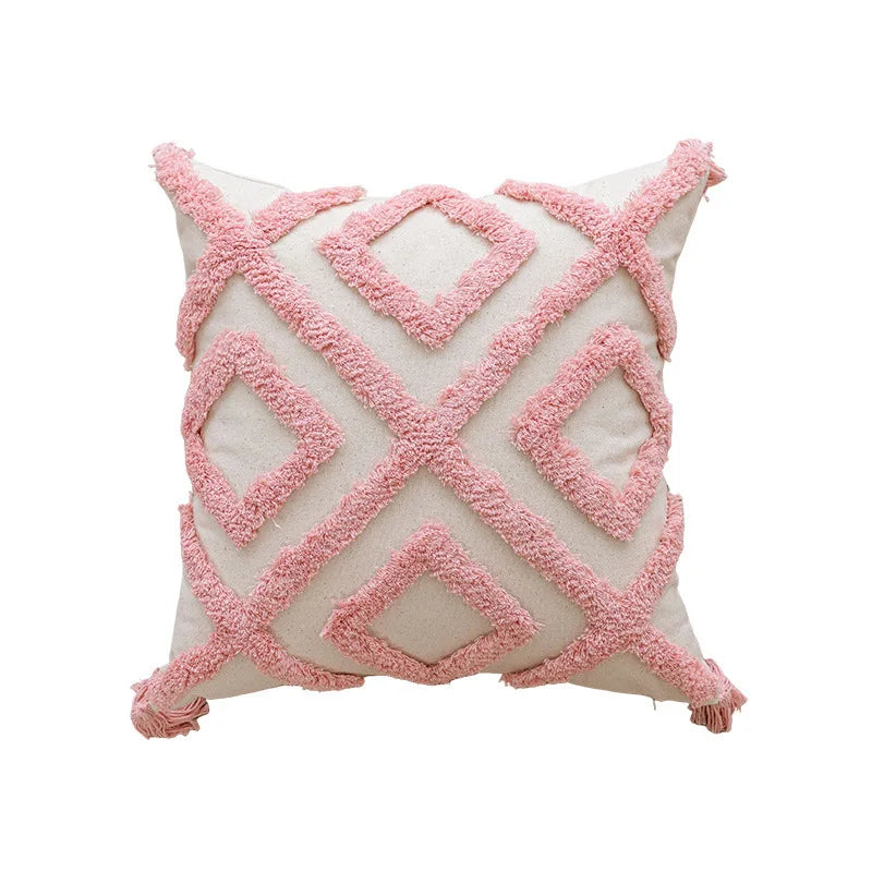 taies d'oreiller géométriques rose clair lit maison douces texturées non toxiques respectueux environnement adhésives