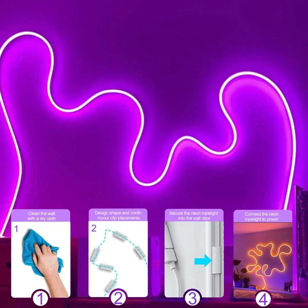 ruban led néon bleu rose blanc controle telecommande decoration moderne salon clips muraux
