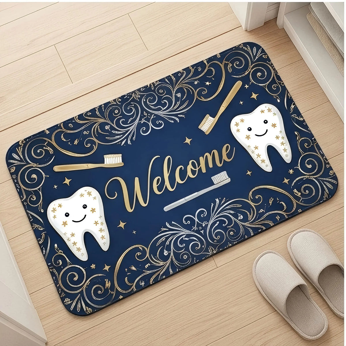 tapis bienvenue moderne dents souriantes rose bleu vert pastelextérieur antidérapant