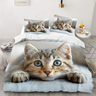 Parure de lit motif chat blanche housse couette et taies oreiller