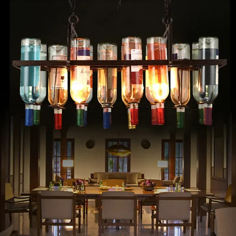 lampe suspendue industrielle bouteilles vin multicolore rouge vert bleu orange rustique