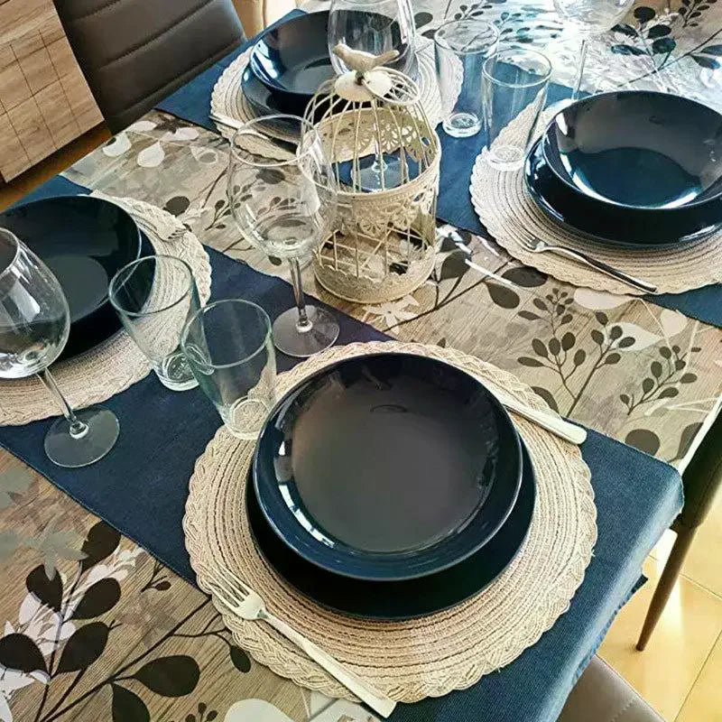 serviettes table boho chic bleu marine beige tissées rustiques décoration table événements maison