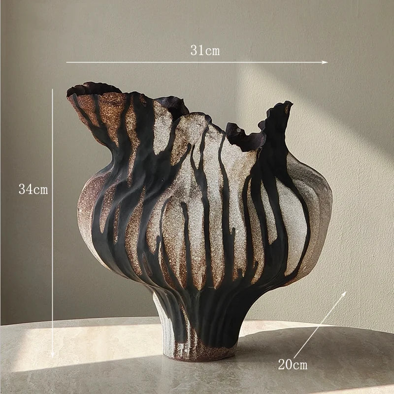 vase céramique abstrait artisanal rose vert orange marron bleu ondulé texturé sculptural