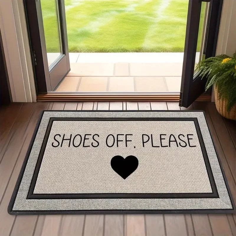 tapis sol antidérapant durable lavable moderne shoes off please cœur noir jute imitation déco