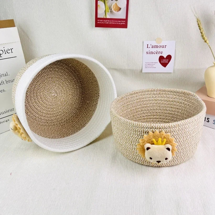 paniers tissus motif lion blanc beige rangement salon respectueux environnement multiple utilisation
