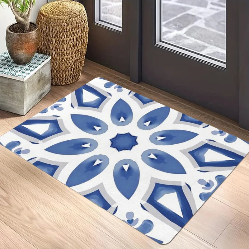 tapis moderne géométrique bleu blanc salon bain extérieur antidérapant résistant décoloration