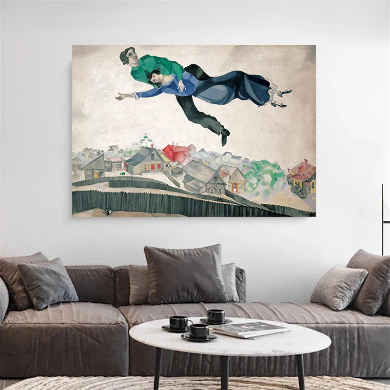 toile d'art illustration deux personnes volant village contemporain vert bleu gris beige noir