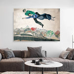 toile d'art illustration deux personnes volant village contemporain vert bleu gris beige noir