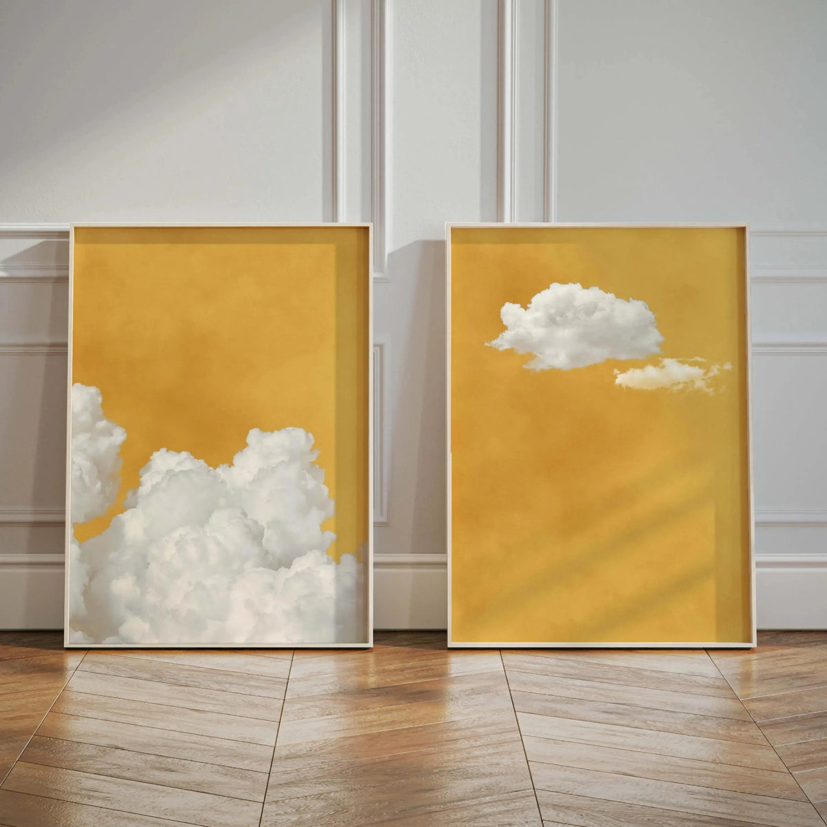toile peinte abstraite nuages jaune blanc moderne minimaliste chambre salon decoration artwork