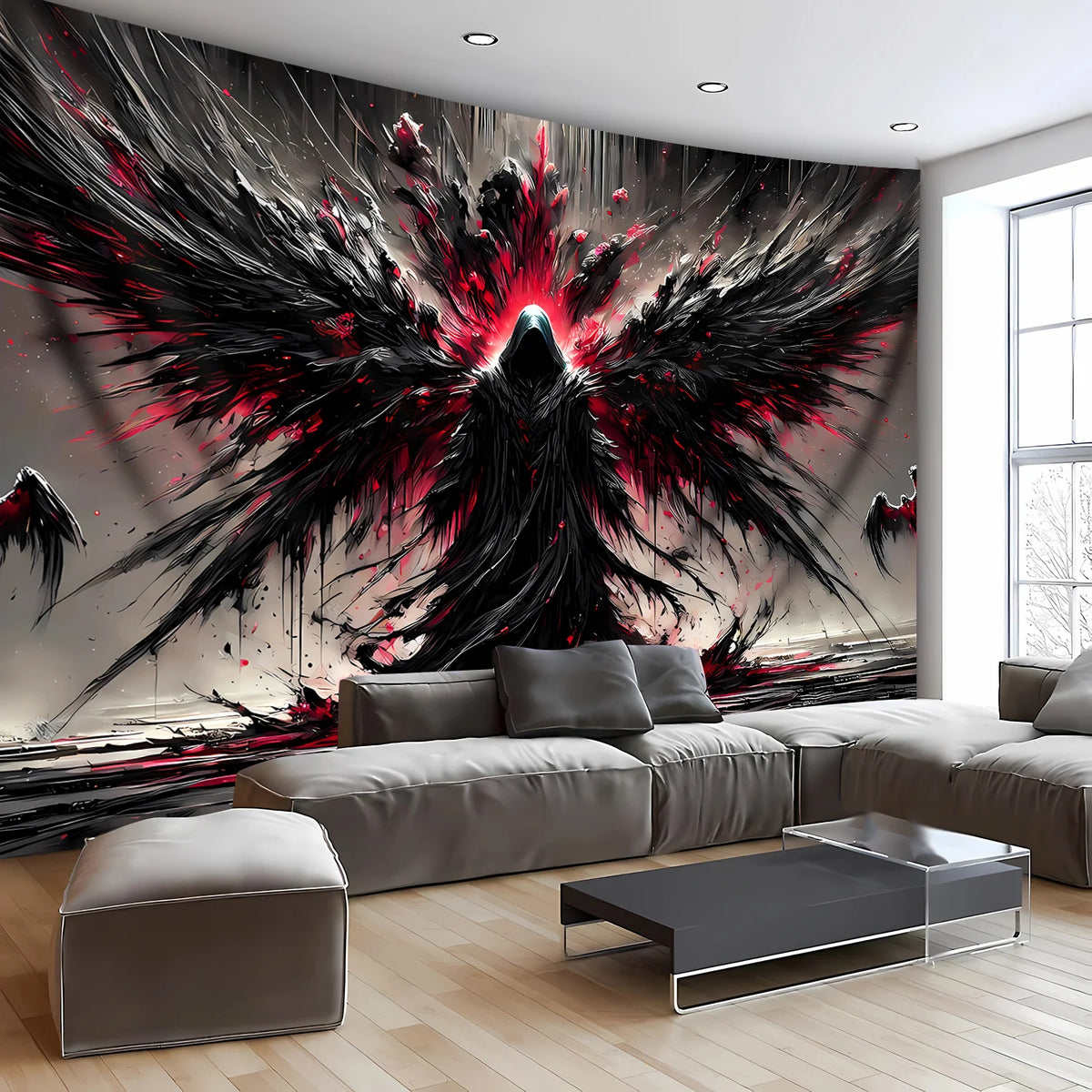 tapisserie murale ailes oiseau rouge abstraite noire contemporaine 150x180CM machine lavable polyester Jacquard