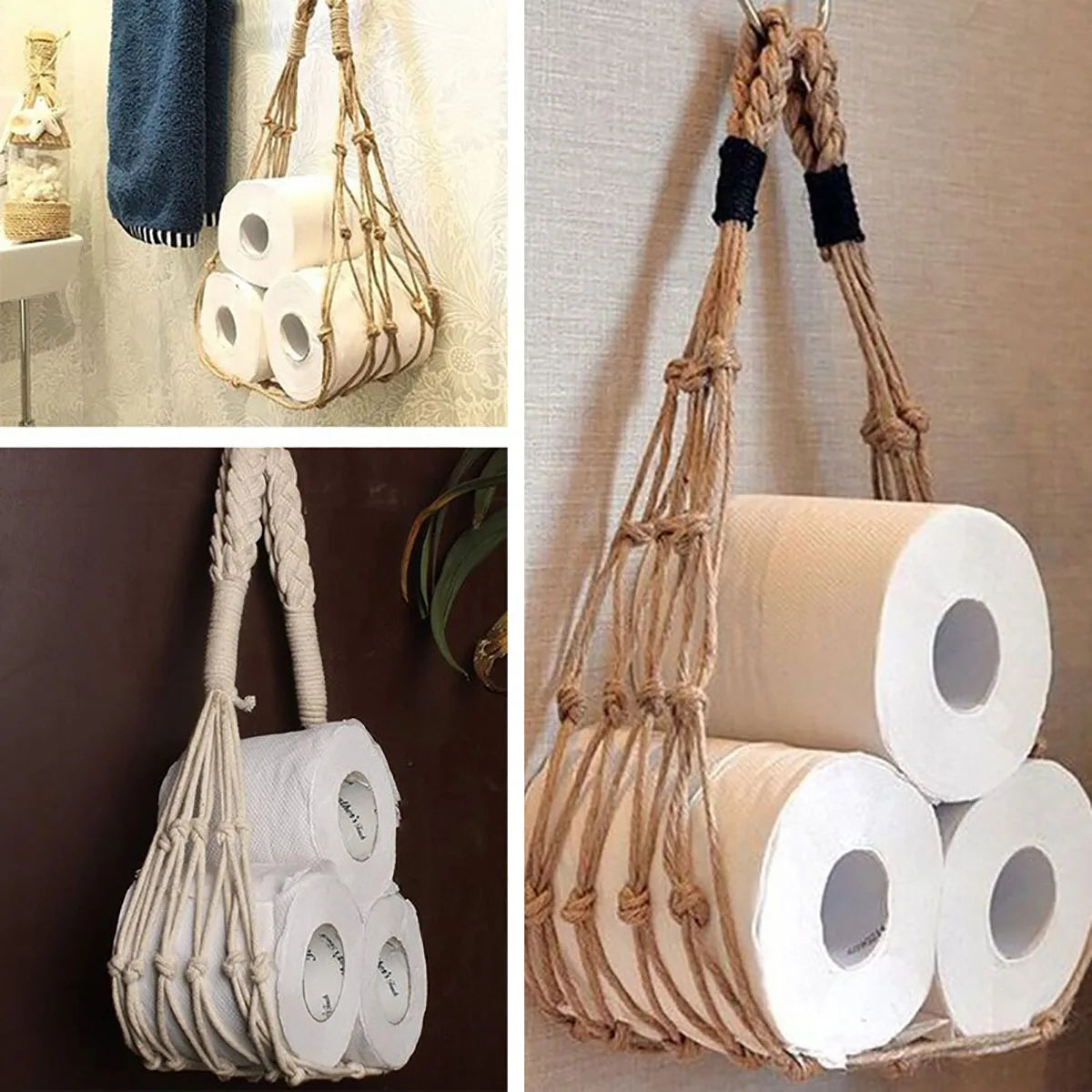 porte rouleaux papier toilette suspendu cordelettes decoratives filet tresse boheme rustique artisanal