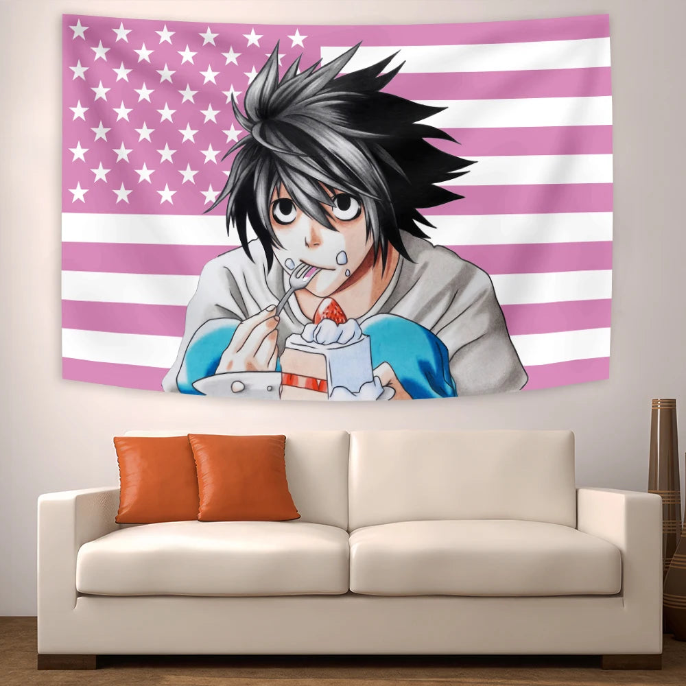 tapisserie anime personnages dessin animé rose blanc bleu noir chambre salon