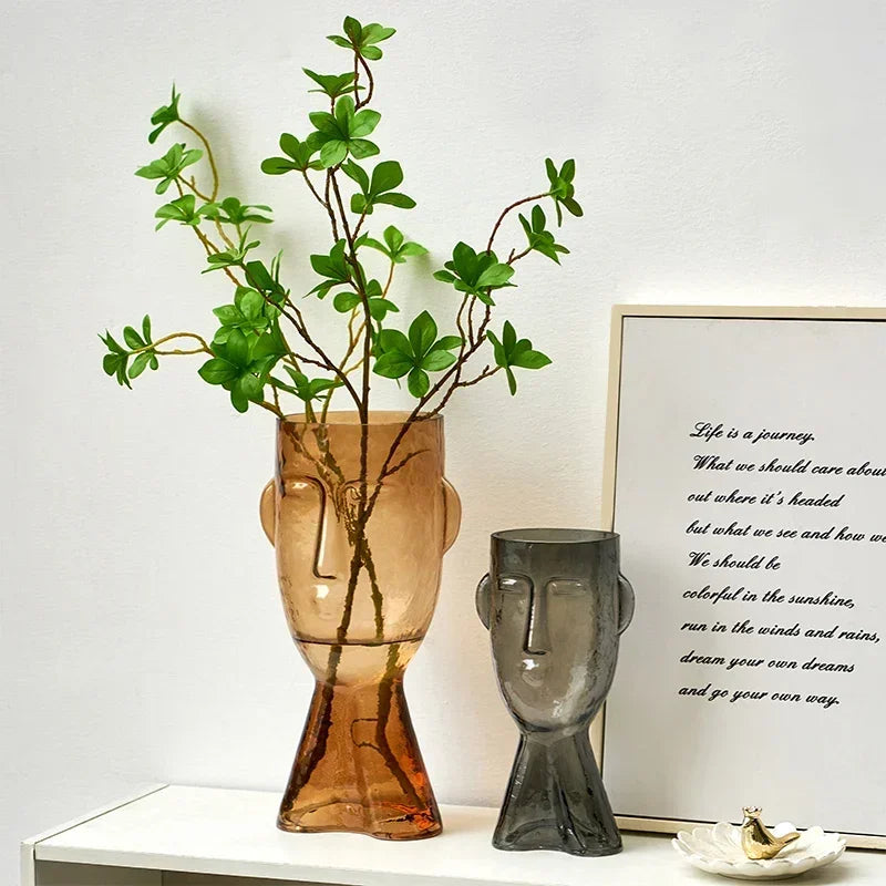 vase verre moderne marron clair visage stylisé minimalisteintérieur décoration plante artificielle