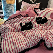 Parure de lit rayé chat rose brodée style coréen 3/4 pièces coton mignon housse de couette