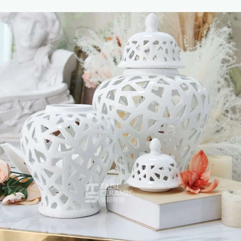 vase moderne or blanc argent réseau géométrique élégant poignée couvercle