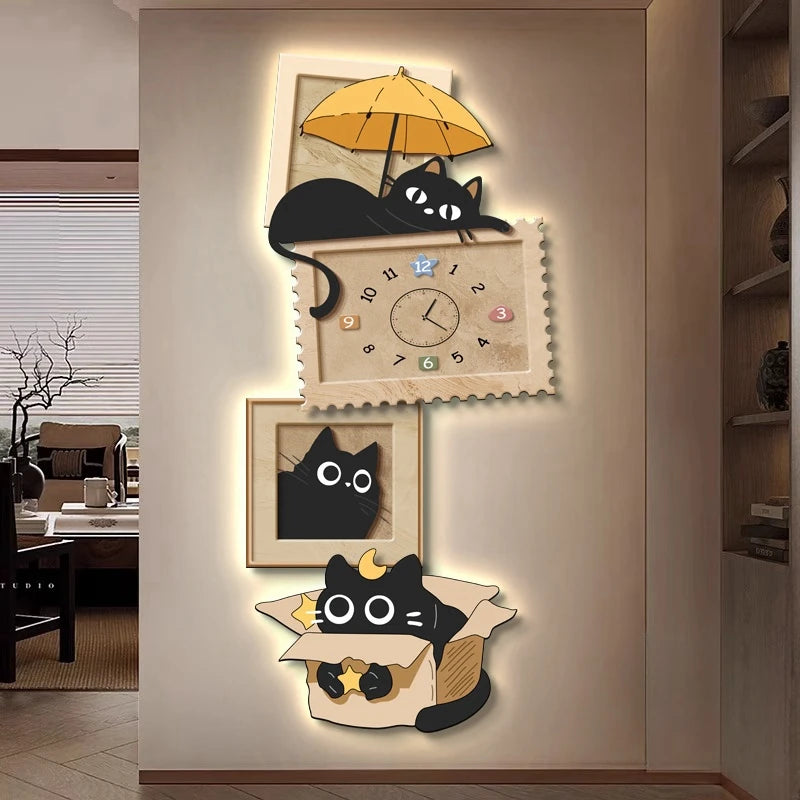 horloge murale moderne dessins animés chats noir beige jaune applique led cuisine salle manger