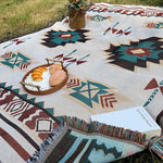 tapis géométrique polyester coton beige marron vert bleu triangles carrés ethnique moderne portable pique