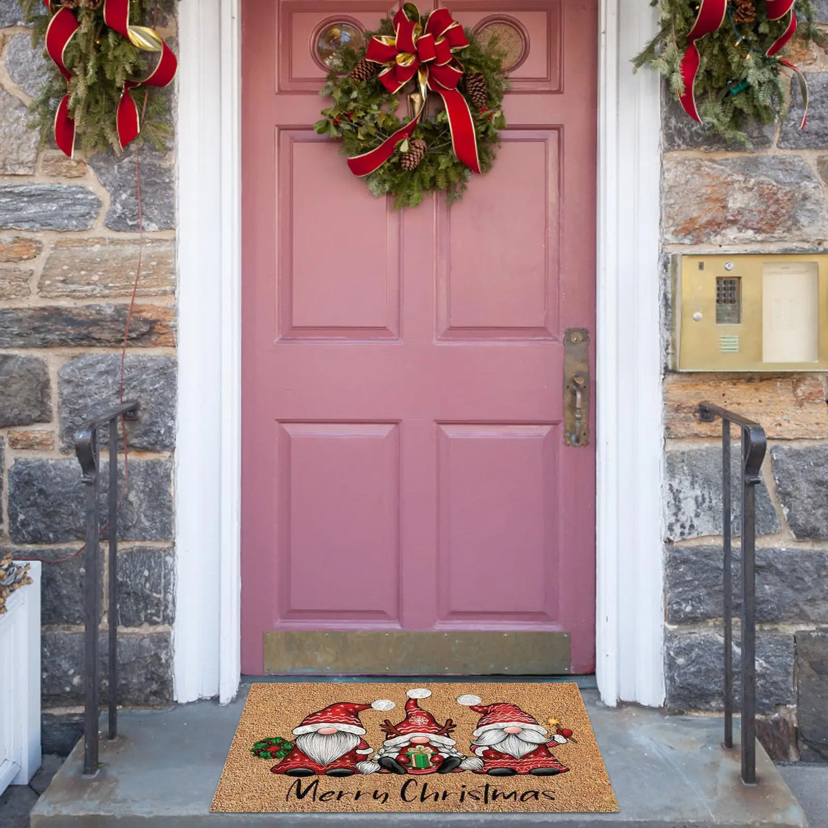tapis d'entrée noël lutins marron rouge blanc vert texte merry christmas décoratif extérieurintérieur