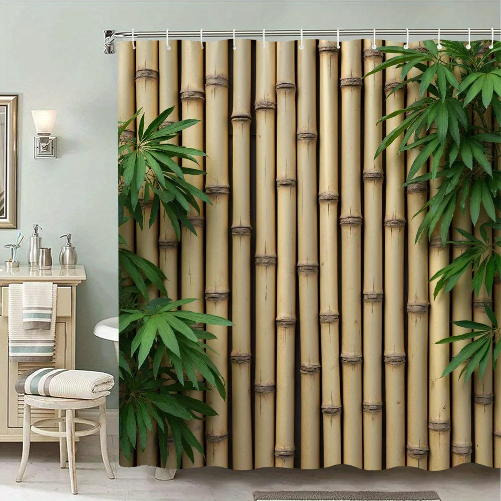 rideau douche polyester motif bambou beige vert naturel opacique tringle rideau anneaux zen salle