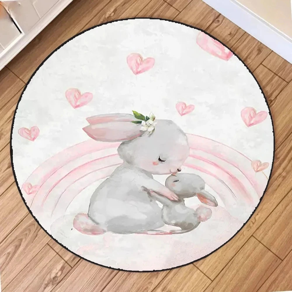 tapis rond illustration animaux costumes danse floral blanc rose gris vert foncé moderne chambre