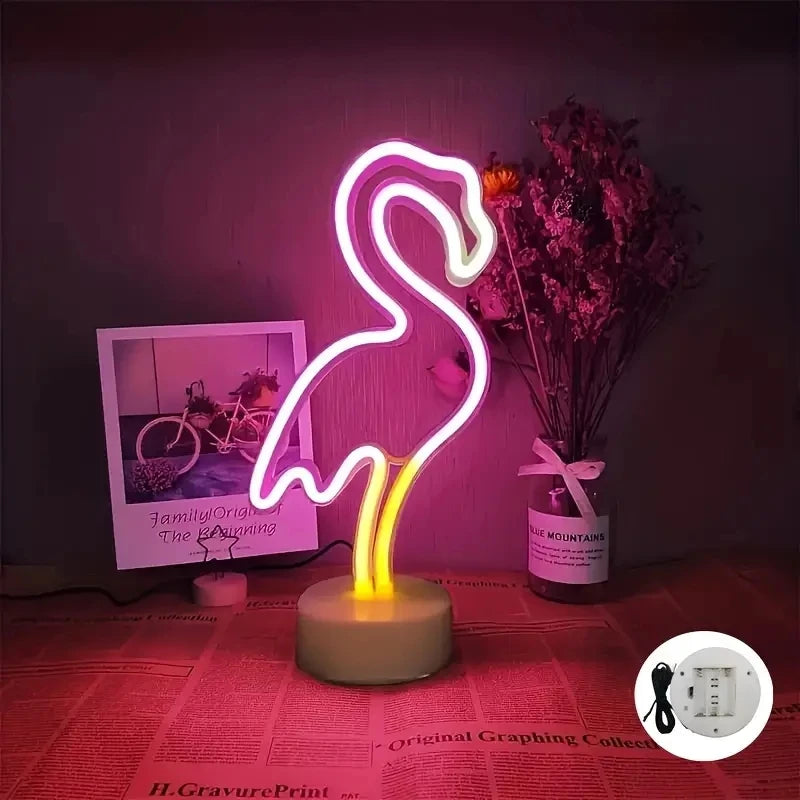 lampe néon flamant rose stylisé moderne interrupteur usb batterie vacances chambre deco