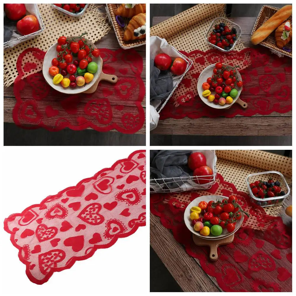 chinois plat rouge dentelle coeurs table rectangulaire decoratif romantique echangement table runner deux pieces