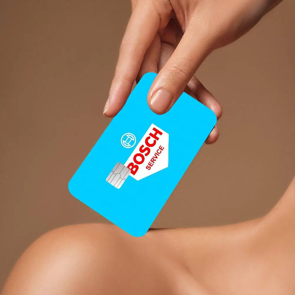 étui carte bancaire adhésif waterproof moderne logo bosch blanc fond noir points cartes crédit