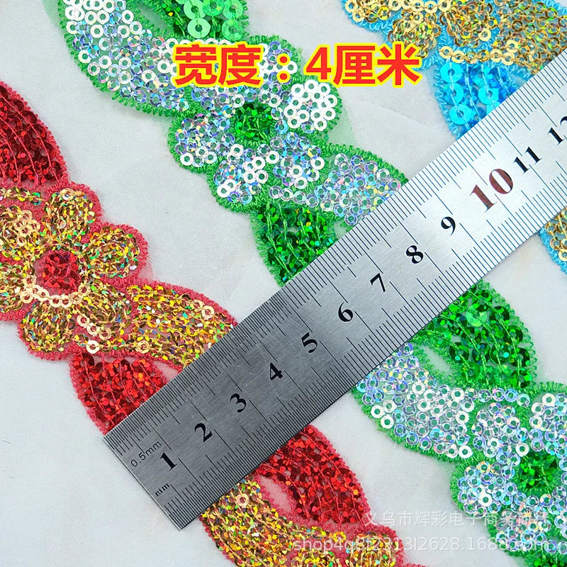 ruban décoratif dentelle sequins fleurs 4cm bleu vert rouge rose or argent partie