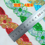 ruban décoratif dentelle sequins fleurs 4cm bleu vert rouge rose or argent partie