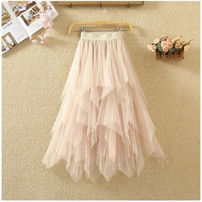 jupe tulle plissée féminine élastique printemps été rose clair gris blanc noir élégante lignemidi