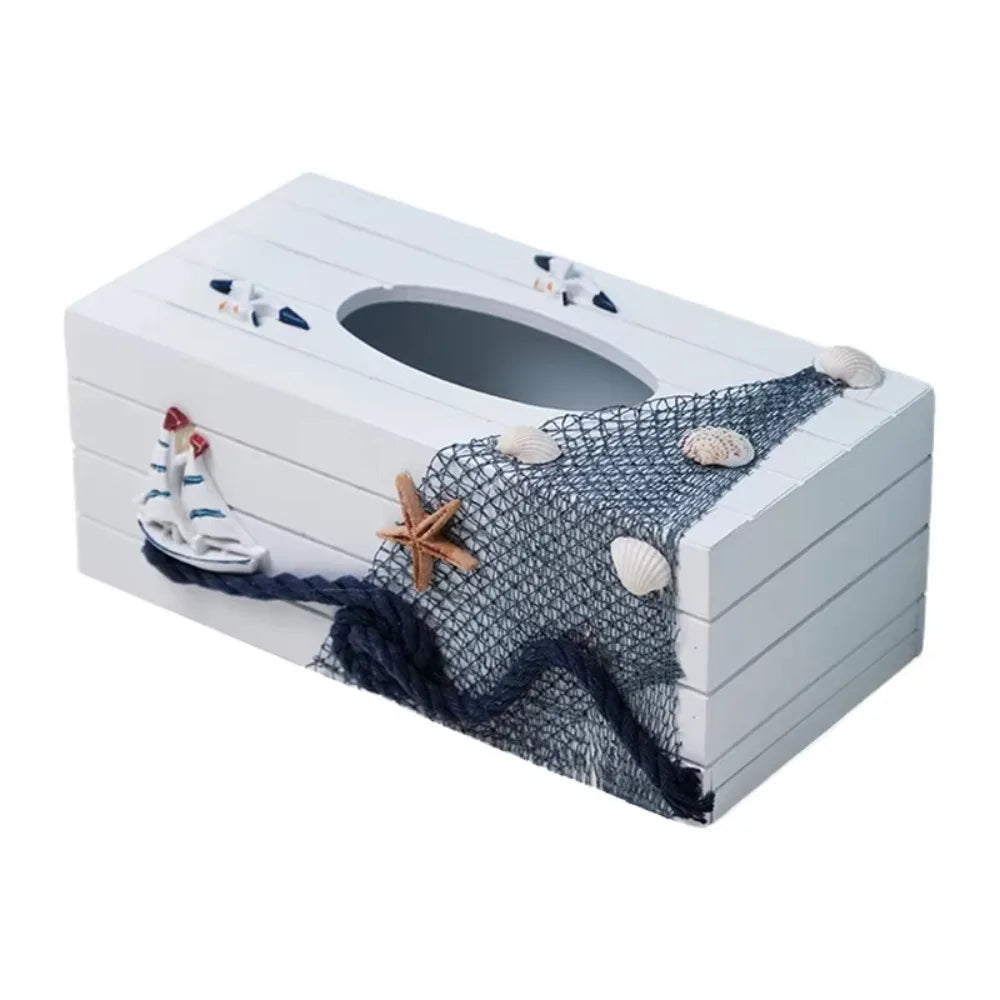 boîte mouchoirs marin rayures bleu clair coquillages étoiles mer bois décorative rangement papier hygiène