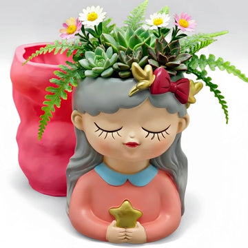 moule silicone pot fleurs forme fille succulentes décoration enfantine étoile texturée rose vif gris