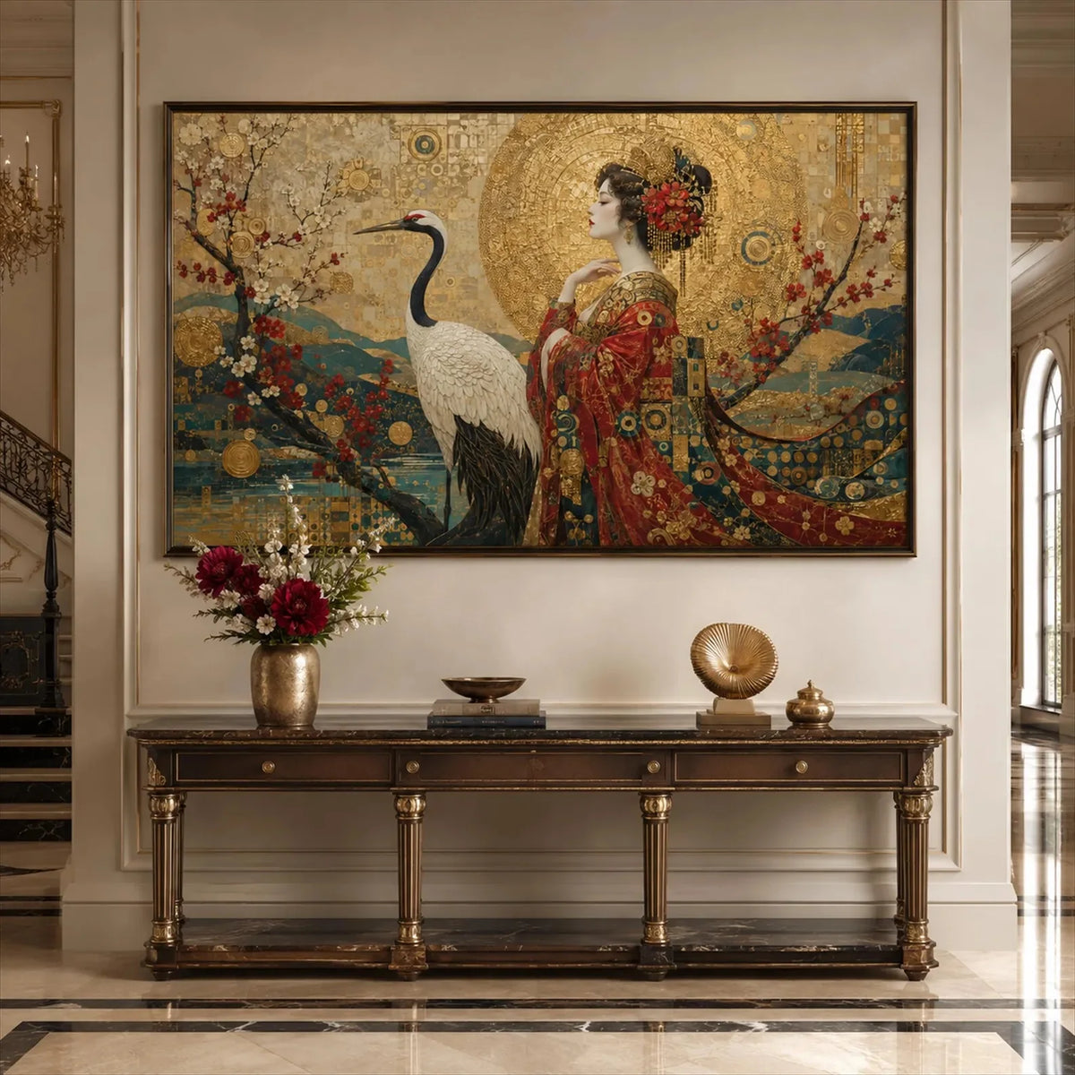 tableau toile paysage japonais geisha grue rouge fleurs cerisier or décoration salon horizontal huile