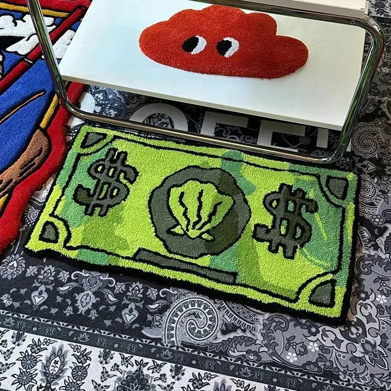 tapis vert motif billets moderne antidérapant polyester gris noir chambre salon
