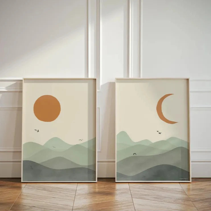 affiche abstraite paysage montagne soleil lune oiseaux moderne minimaliste beige orange vert gris noir