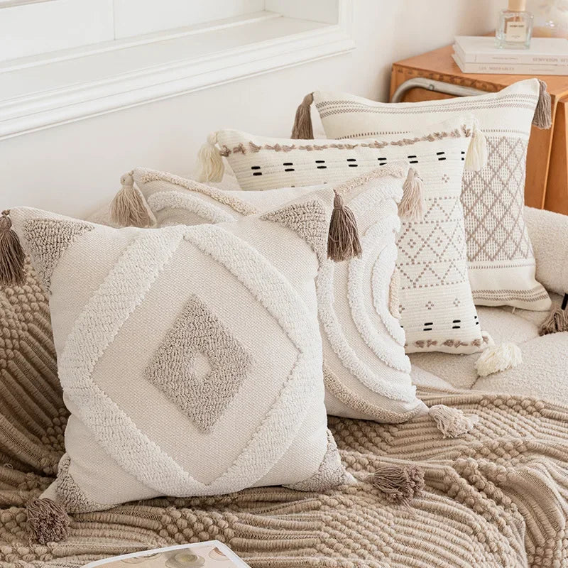 housse coussin beige motif géométrique brodé crocheté moderne amovible lavable boho chic