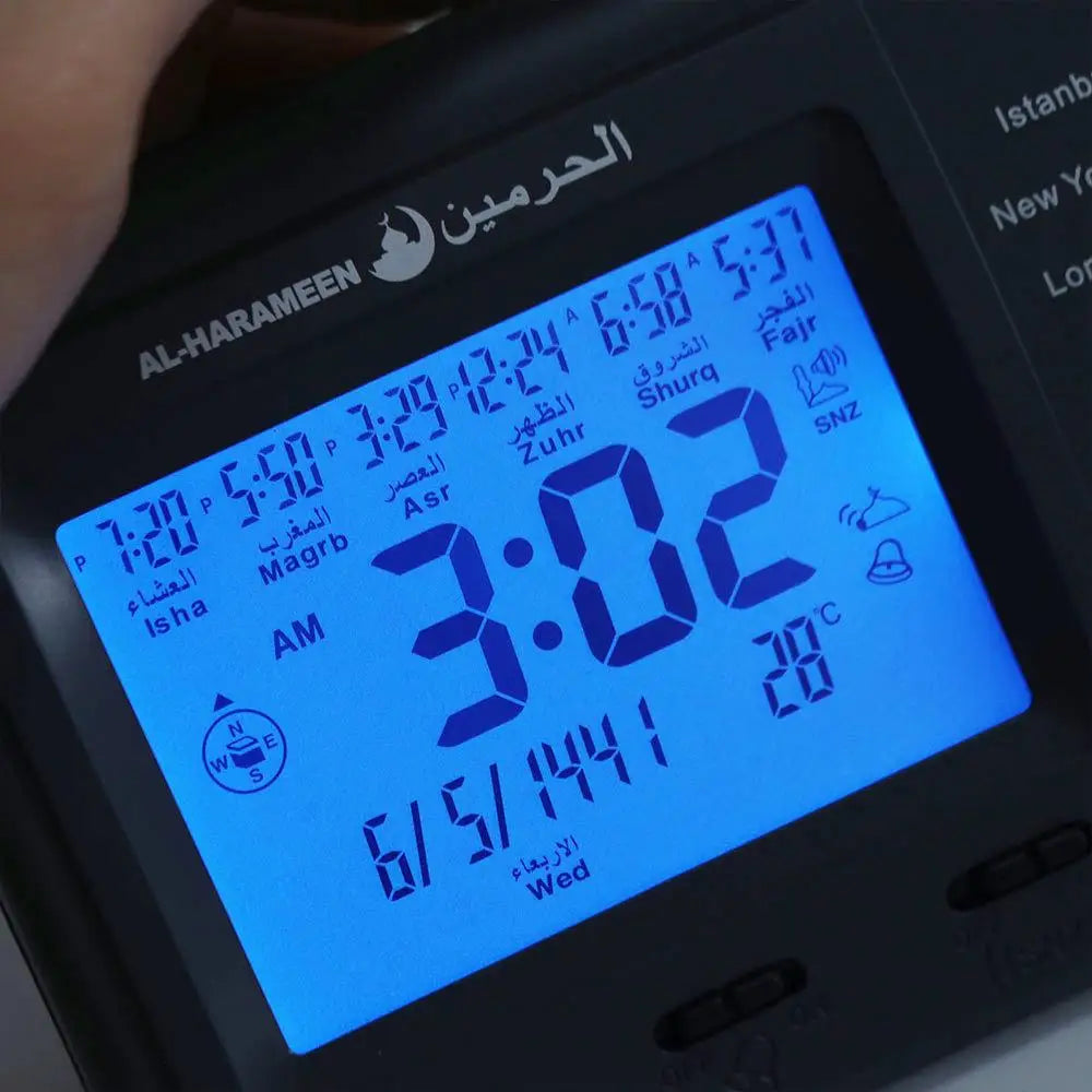 horloge numérique affichage lcd alarme adhan temperature horaire priere calendrier hijri or noir moderne