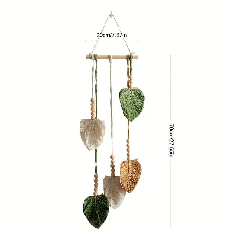 décoration murale boho feuilles vert polyester macramé crochet bois naturel