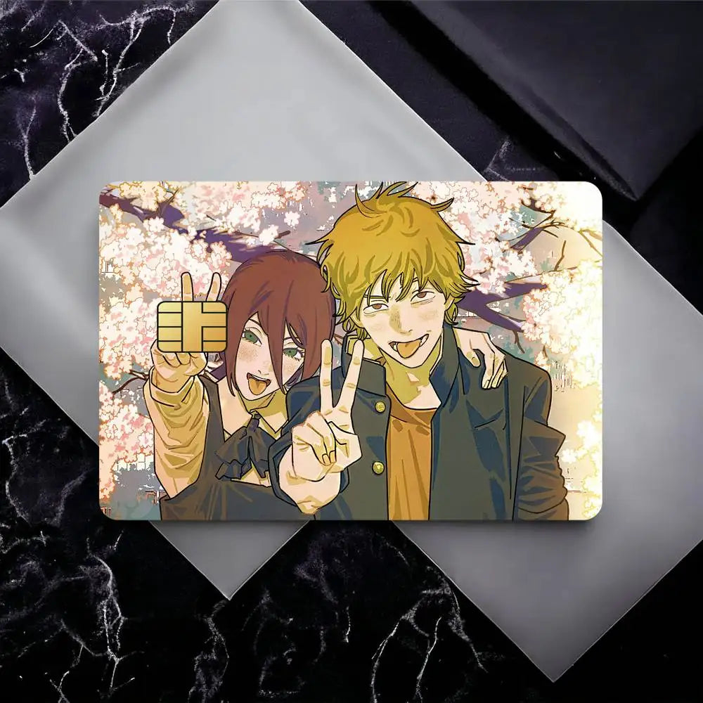 cartes bancaires étanches résistantes adhésives illustration anime personnages fond floral multicolore jaune brun vert