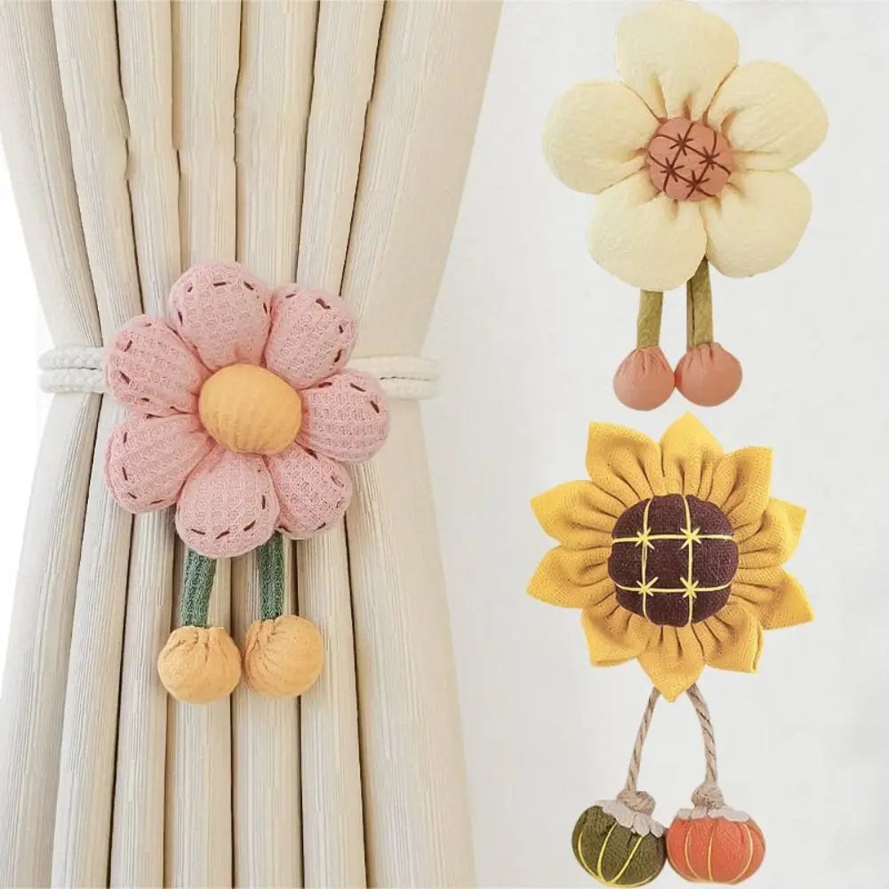 fournitures rideaux coton ornements fleurs reliefs pompons beige rose jaune vert chambre enfants