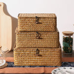 boîtes rangement tissage paille naturelle rustique boucles métalliques respectueux environnement multiple utilisations