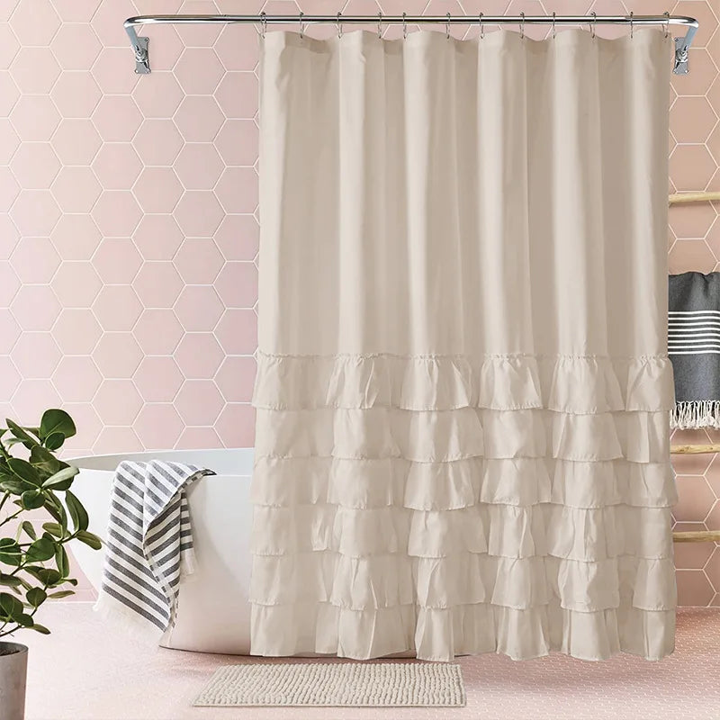 rideau douche blanc volants gris rose classique opacité anneaux métalliques respectueux environnement moderne