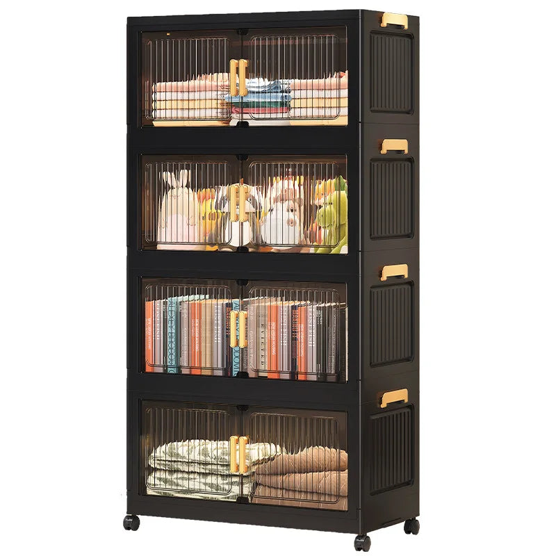 meuble rangement noir grille transparente moderne roulettes pliable grande capacité