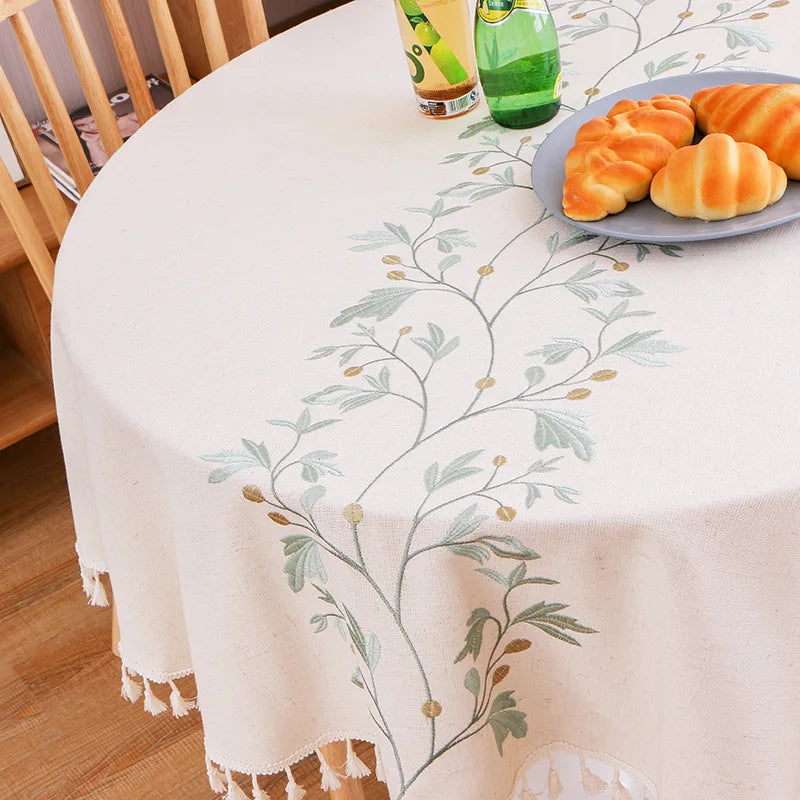 nappe table lin broderie végétale feuilles branches tassellettes classique beigeclair réutilisable machineextérieurhôtelmarriages