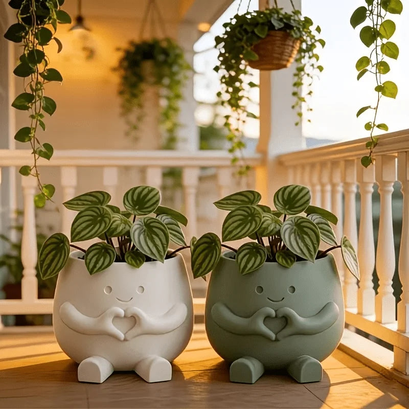 cache pot mignon main coeur souriant blanc vert pastel plantes succulentes décoration intérieure